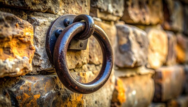 A heavy, dark iron ring handle bolted to a rustic stone wall, showcasing aged hardware and intricate texture.
