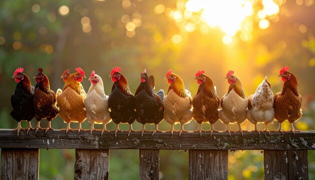 A Line of Bantam Chickens Perched on a Wooden Fence in Golden Morning Sunlight