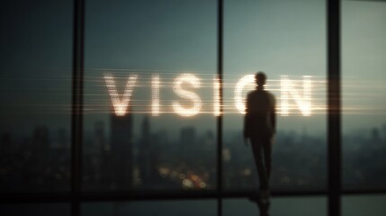 Fototapeta premium A silhouette of a person in formal attire stands by a large window, illuminated text spelling 'VISION' in the background.
