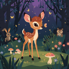 Naklejka premium Magical Baby Deer Fawn Standing in Enchanted Purple Forest with Butterflies and Woodland Animals - Vector Illustration