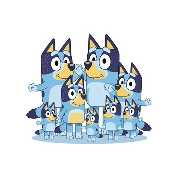 Group of eight stylized blue cartoon dog characters representing a family with adult parents and several puppies, depicted in a flat 2D vector art style on a white backdrop.