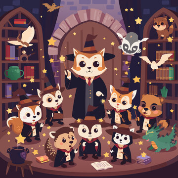 Cute Cartoon Wizard Fox with Magic Book Surrounded by Animal Friends in Fantasy Library - Vector Illustration