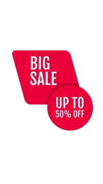 Animated 4K vertical Big Sale up to 50% off badge on white background, bold red parallelogram and circle label pop-in for stories and e-commerce promos