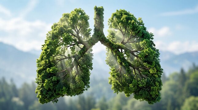 Green lungs with trees and leaves in a natural landscape with mountains and blue sky