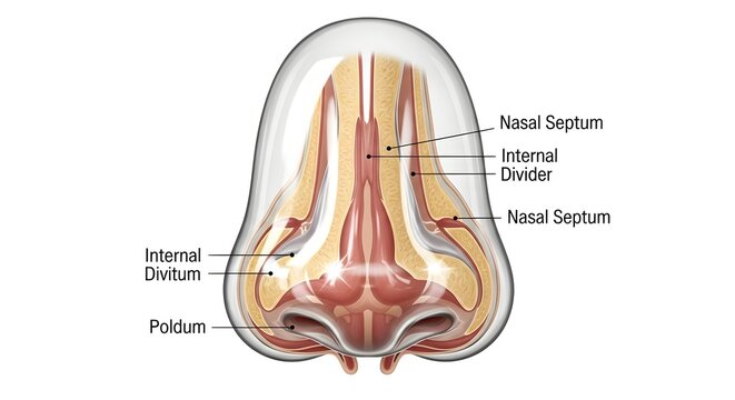 Inferior anatomical view of the human nose focusing on the nasal septum and internal divider, depicting symmetrical nasal passages, podum and internal dilutum regions for understanding septal structur
