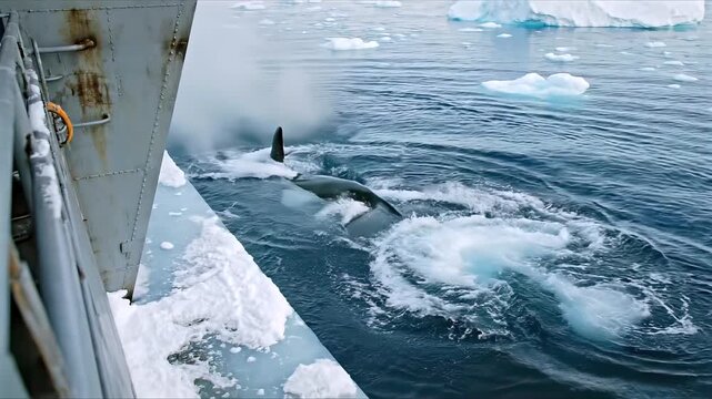 orca whale jumping near expedition ship in icy Arctic waters, powerful marine predator in natural habitat with icebergs and cold ocean environment, wildlife adventure concept