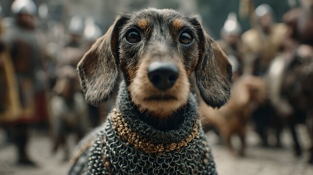 Dachshund in chainmail accompanying its owner at a medieval reenactment event