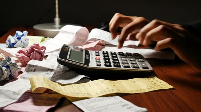 A person's hands using a calculator amidst a messy desk with crumpled papers and receipts.