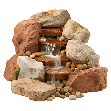 Artificial waterfall display with rocks and flowing water against a transparent background