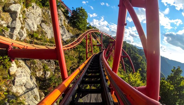 Eye-level view along rollercoaster tracks winding around a mountain with lush greenery and bright sky