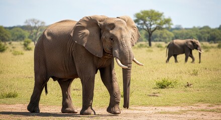 Obraz premium Majestic African Elephant Strolling Across the Savannah Landscape.