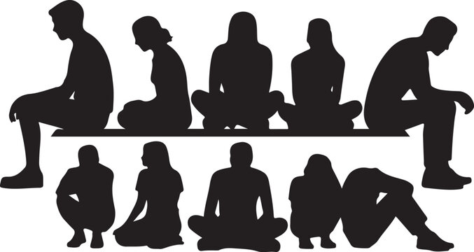 Vector silhouettes of men, women and teenagers, a group of sitting on a bench business people, profile, black color isolated on white background
