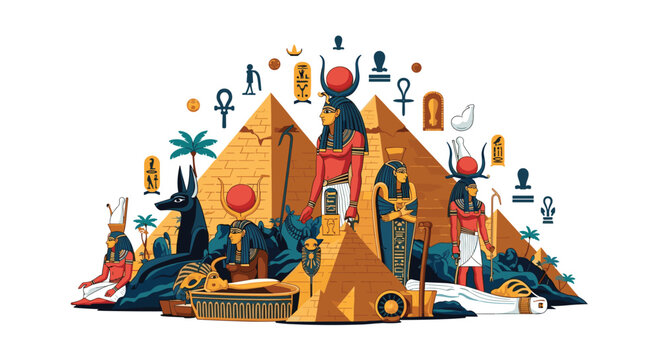 Detailed scene of ancient Egypt featuring pyramids, palm trees, statues of gods like Anubis, and various hieroglyphic symbols.