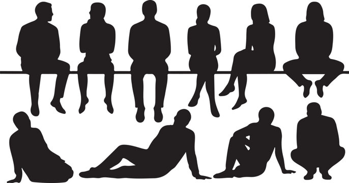 Vector silhouettes of men, women and teenagers, a group of sitting on a bench business people, profile, black color isolated on white background