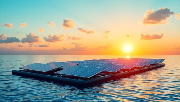 Renewable energy system floats on serene ocean waters at sunset