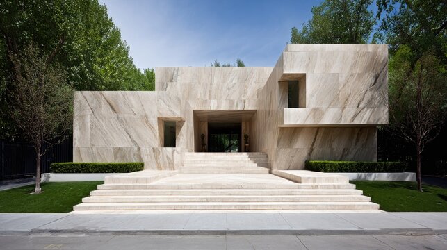 Imposing modern residence features extensive use of striated natural stone cladding and grand entry stairs