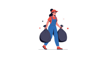 Obraz premium Female sanitation worker in blue overalls and red cap carrying two large black trash bags for waste disposal service.