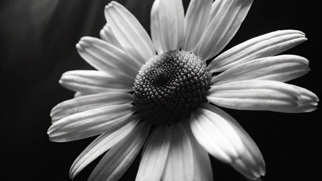 Black and white close up of beautiful daisy flower blooming with long white petals against a dark background.