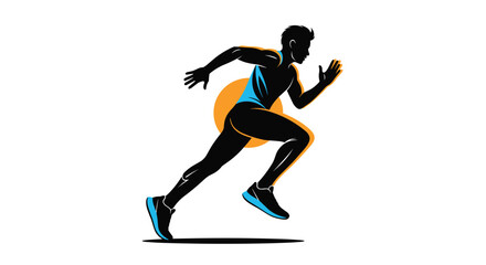 Obraz premium Silhouette of male runner in fast motion against orange sun background symbolizing athletics, speed, and endurance.