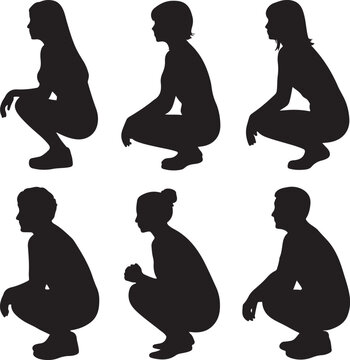 vector,silhouette of side view of a group of woman squatting on white