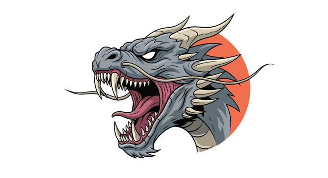 Fierce dragon head illustration with open mouth and sharp teeth against red circle background in oriental style.