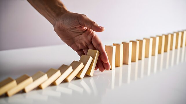 Hand stopping falling domino blocks representing risk control prevention and business strategy concept