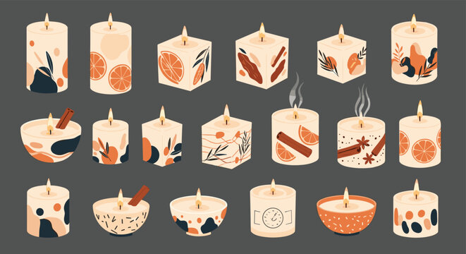 Large collection of decorative scented candles in different shapes and designs with oranges and spices patterns.