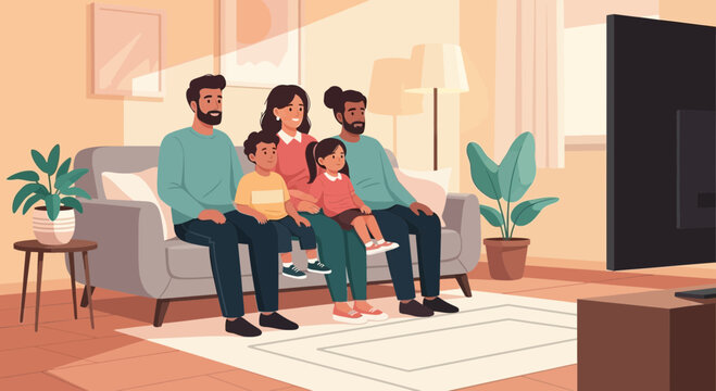 Diverse family enjoying movie night together on sofa, watching television in living room