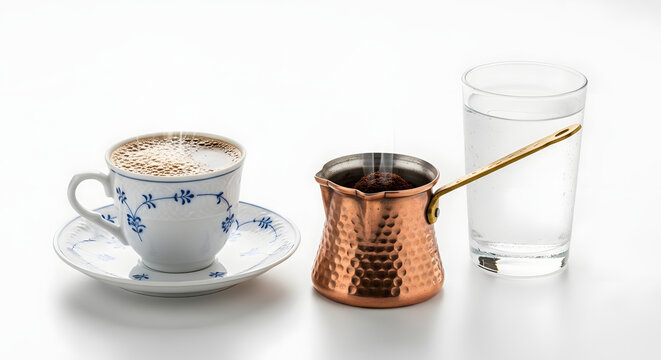 Traditional Greek coffee in a cup with a copper briki and water isolated on a white background