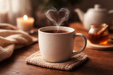 Fototapeta premium White ceramic coffee cup with latte on wooden table latte heart wooden table warm lighting