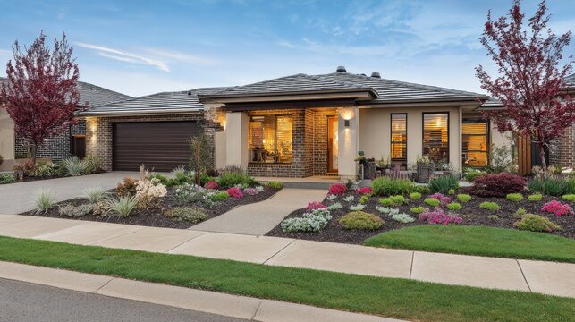 Contemporary suburban dwelling features professionally landscaped yard under soft evening light