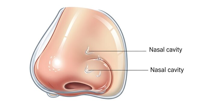 Detailed medical illustration of the human external nose and nasal cavity, highlighting the nostril opening, inner airway passage and surrounding soft tissues for anatomy study, respiratory system edu