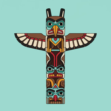 Pacific Northwest indigenous style totem pole vector illustration featuring a thunderbird with spread wings and three stacked carved masks on a plain light blue background.