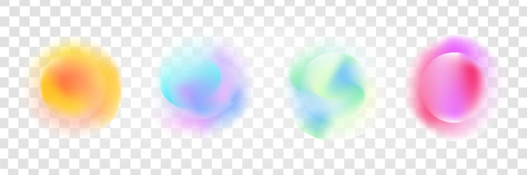 Set color circle gradient noise gradation. Abstract colorful watercolor blur mesh on isolated transparent background. Circle shape png. Gradient aura, grain neon blob noise effect vector illustration.
