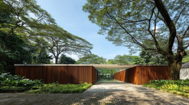 Modern residential structure features striking vertical wood siding nestled among dense tropical foliage