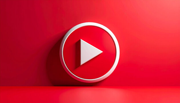Red circle play button against a red wall with bright illumination