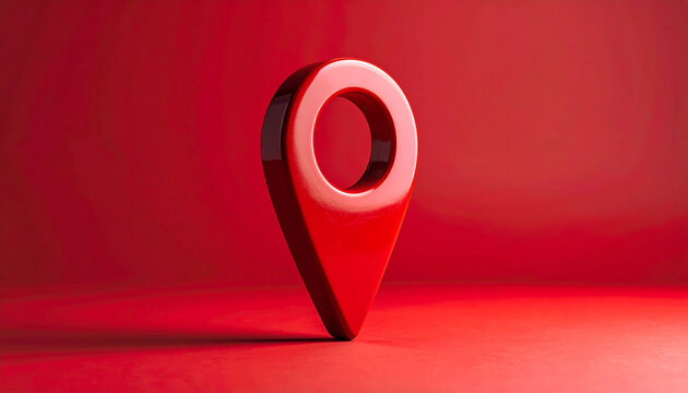 Shiny red location pin on red background showing direction and guidance