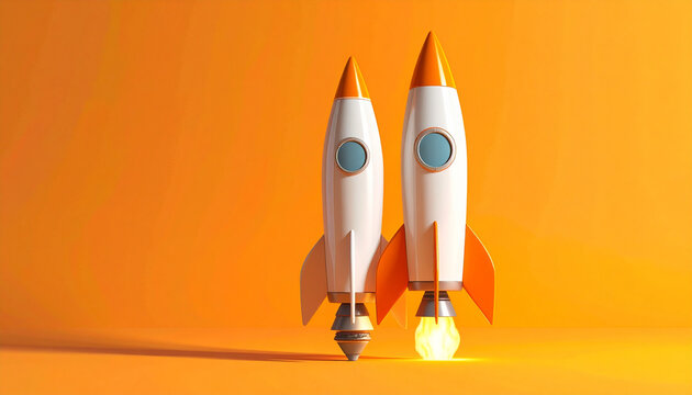 Two white and orange rockets against a vibrant orange backdrop