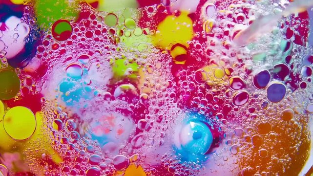 Abstract macro shot of colorful liquids with bubbles of various sizes