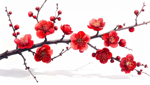 Watercolor painting of vibrant red blossoms on a graceful tree branch isolated