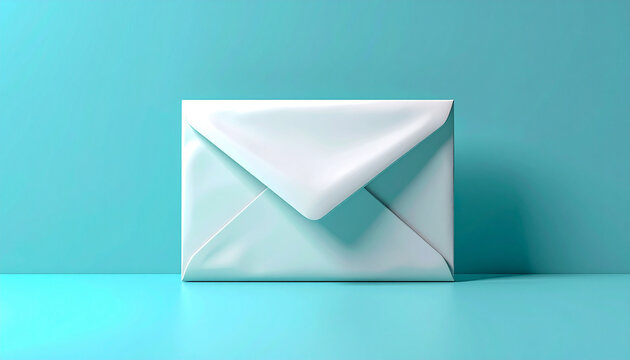 White envelope on turquoise surface with shadow against a blue background