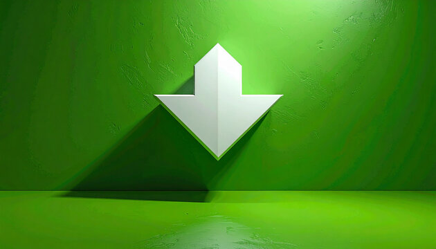 White arrow icon pointing down on green background with copy space