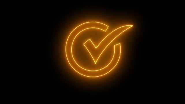 Animation of check mark icon background. Neon Tick mark icon seamless loop.Glowing neon line Tick mark or confirm icon animation.Minimal neon Check Mark icon on black background.4k motion video.