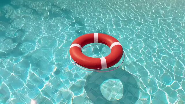 Orange lifebuoy floating in blue swimming pool water