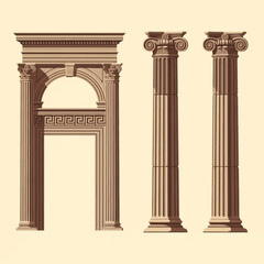 Fototapeta premium Vector illustration of classical Greek and Roman architectural elements featuring an ornate arched portal with Greek key patterns and two fluted columns with Ionic capitals.
