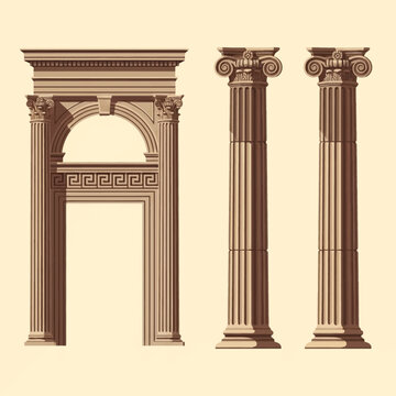 Vector illustration of classical Greek and Roman architectural elements featuring an ornate arched portal with Greek key patterns and two fluted columns with Ionic capitals.