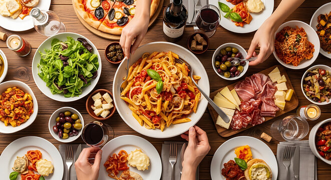 A table full of food and people serving themselves