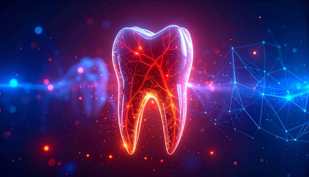 A digital medical illustration of a glowing translucent tooth illuminated with red‑orange neural pathways, surrounded by luminous particles symbolizing vitality, dental health, bioengineering, and adv