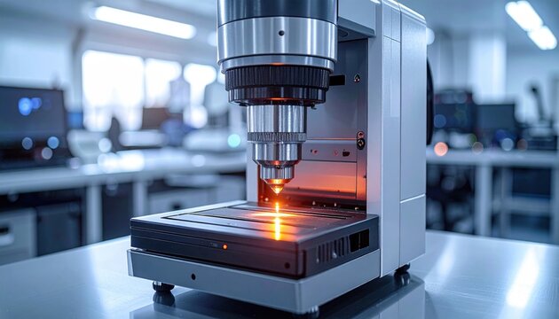 Advanced optical media reader machine with glowing orange light in a laboratory setting