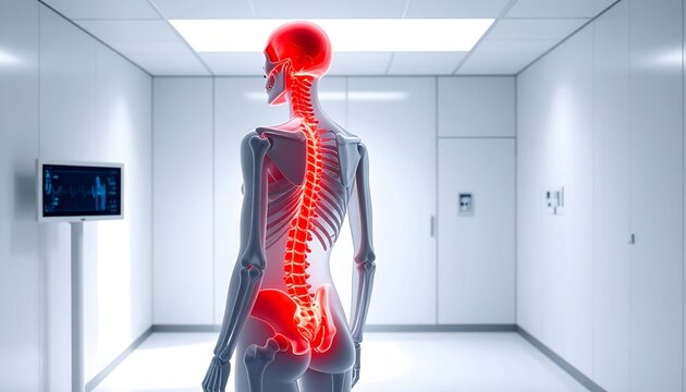 A digital medical illustration of a human figure highlighting skeletal structure, glowing red skull base and lower spine indicating pain, inflammation, nerve compression, or spinal injury.